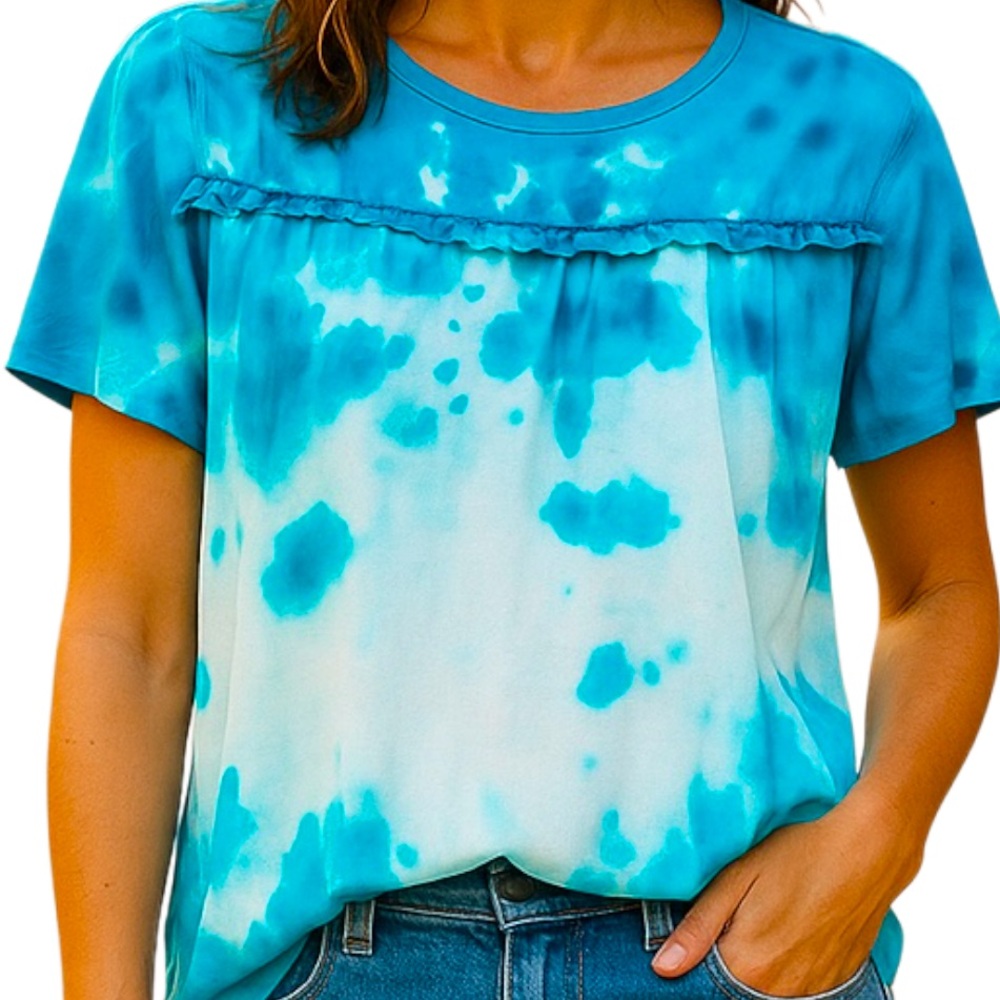 HANDCRAFTED TIE DYE T SHIRT Blue & White Short Sleeve Braided Accent Y2K SZ M